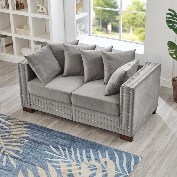 Grey Velvet-Like Loveseat with Square Arms and Nailhead Trim
