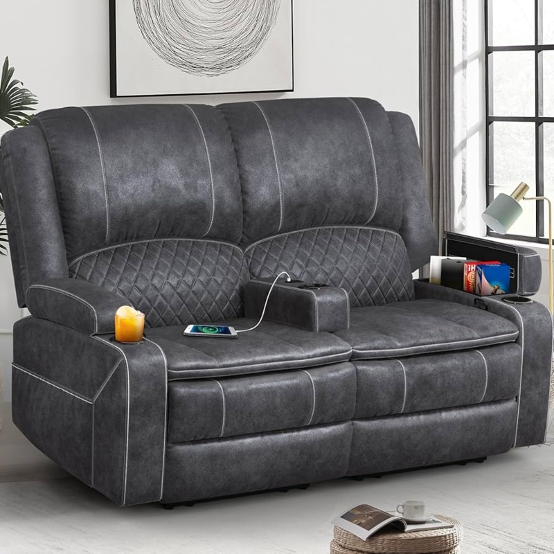 Grey Velvet Reclining Loveseat with Console, Tiered Back Cushions