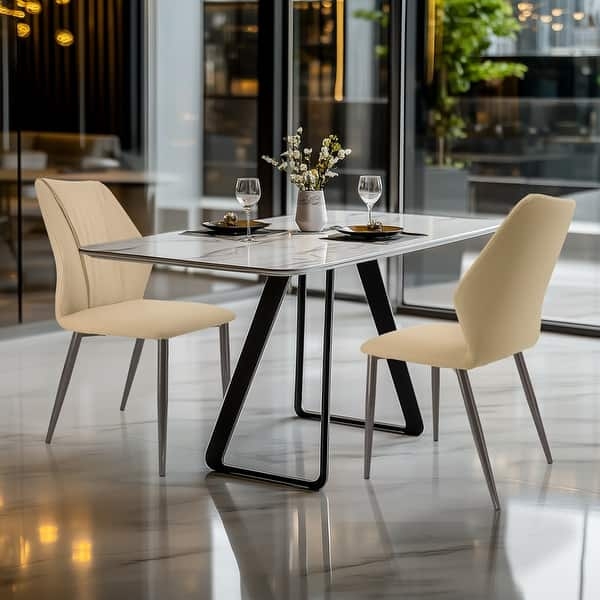 Grid Stitched Faux Leather Dining Chairs with Splayed Black Legs