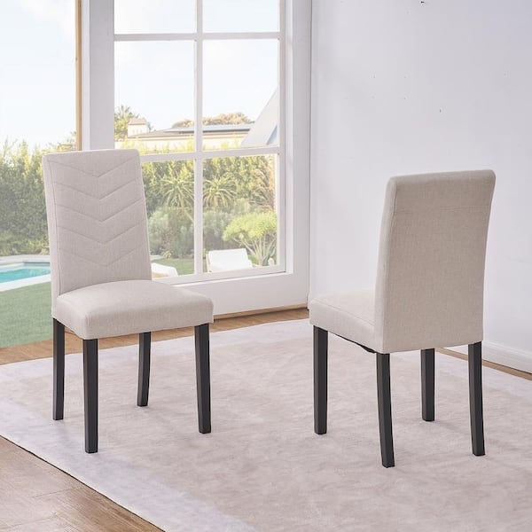 High Back Dining Chair Beige Fabric Upholstery with Tapered Wood Legs