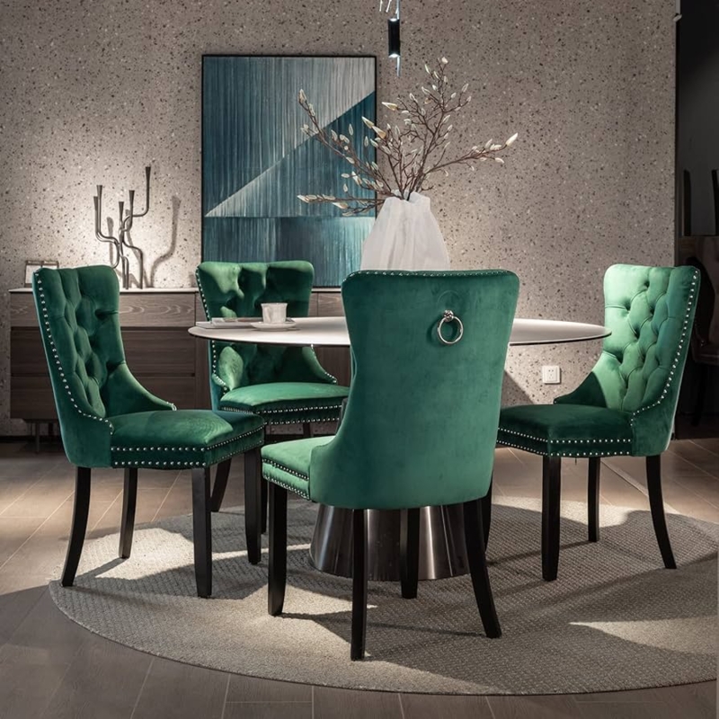 High Back Dining Chairs Velvet with Diamond Tufting, Ring Pull and Silver Nailhead