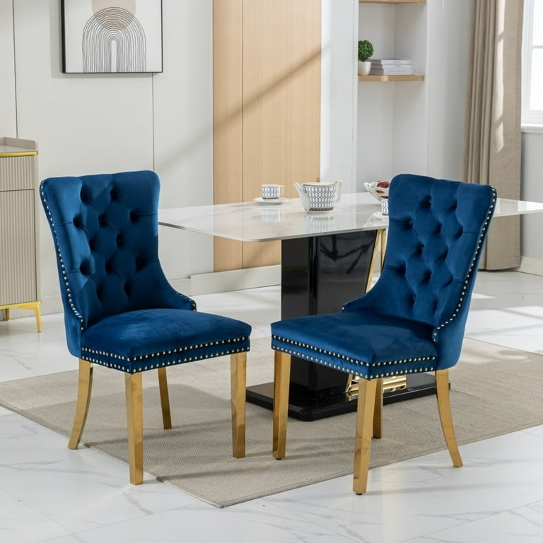 High End Dining Chairs Set of 2 Modern Kitchen Chairs with Chrome Stainless  Steel Legs Velvet Upholstered Accent Chairs for Dining Room Living Room  Office Blue and Gold -
