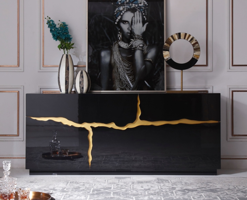 High Gloss Black Buffet with Geometric Gold Inlay Trim