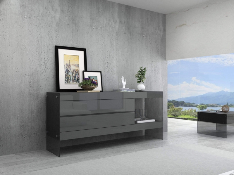 High Gloss Sideboard with Grey Cloud Pattern and Recessed Handles