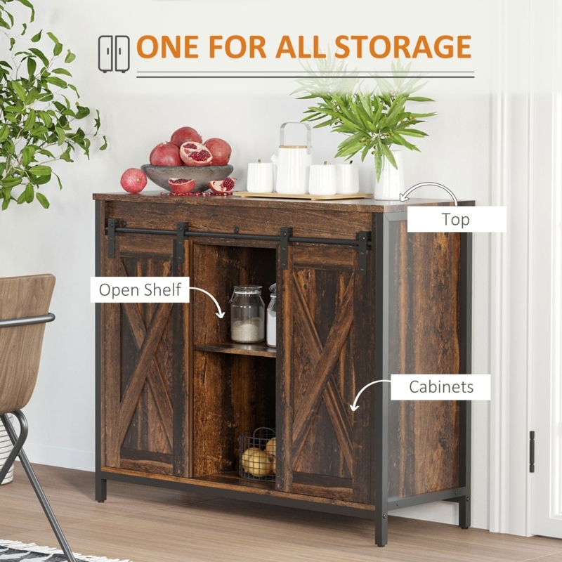 HOMCOM Industrial Sideboard Buffet Cabinet, Coffee Bar Cabinet, Kitchen Cabinet with Sliding Barn Doors, Storage Cabinets and Adjustable Shelves for