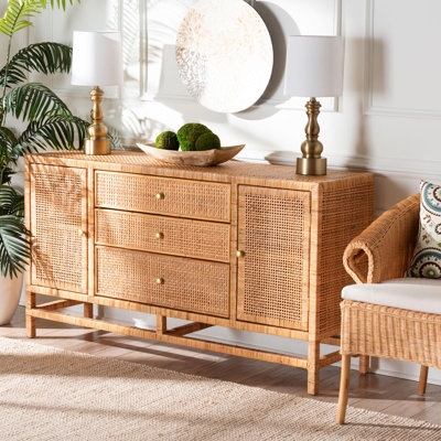 Honey Wood Accent Cabinet with Woven Rattan Door and Three Drawers