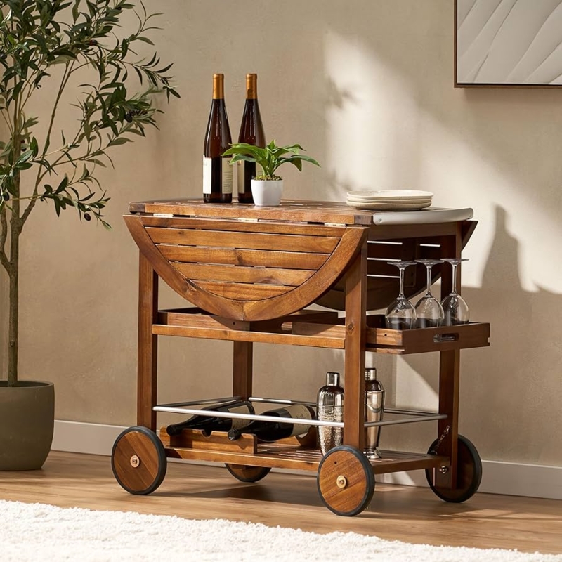 Honey Wood Kitchen Cart with Drop Leaf & Removable Trays