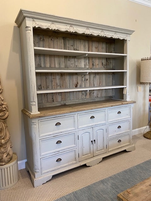 Hutch Cabinet Farmhouse Distressed White Arched Top Beadboard Back