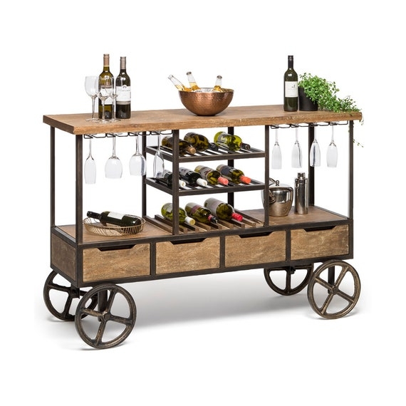 Industrial Bar Cart Four Storage Drawers Wine Bottle Rack Metal Wood