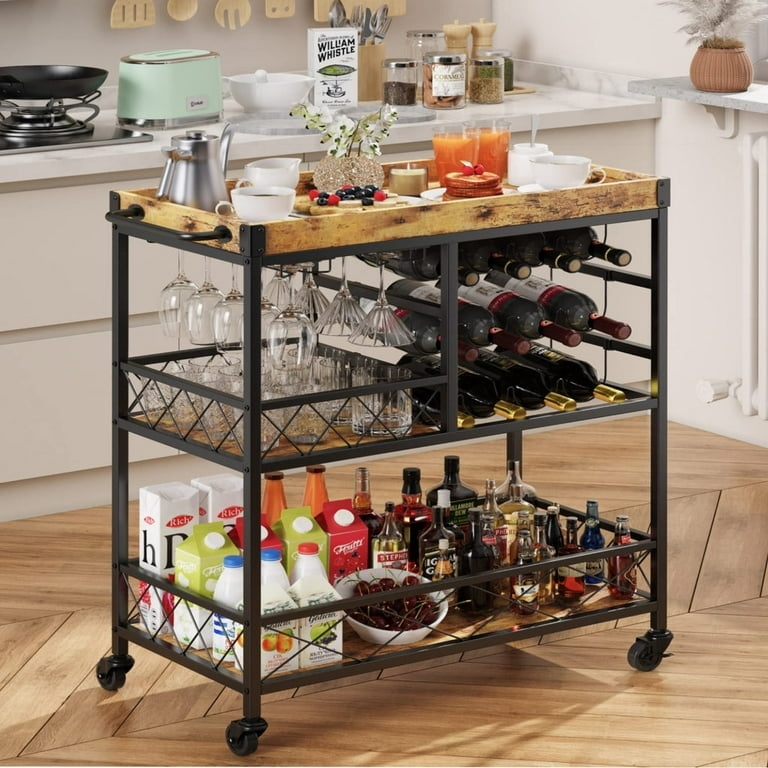 Industrial Bar Cart Matte Black 12 Bottle Wine Rack Mobile