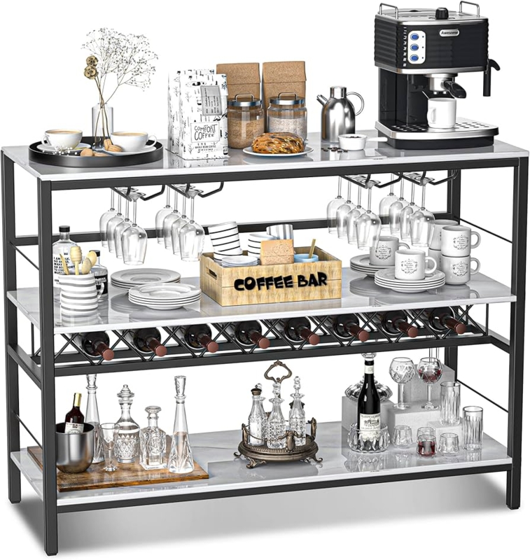 Industrial Bar Cart, Rustic Wood, Wine Rack and Stemware Racks