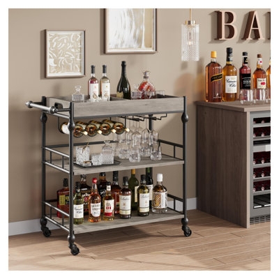 Industrial Bar Cart Three-Tier Espresso Wood & Black Metal Wine Rack