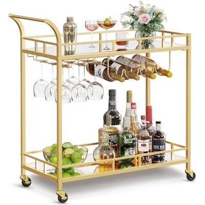 Industrial Bar Cart with Espresso Wood Shelves and Wine Racks