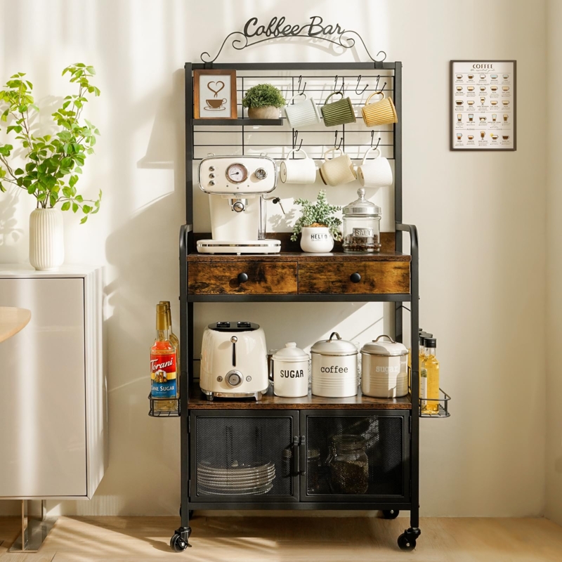 Industrial Bar Cart with Metal Mesh Cabinet, Rustic Brown Finish