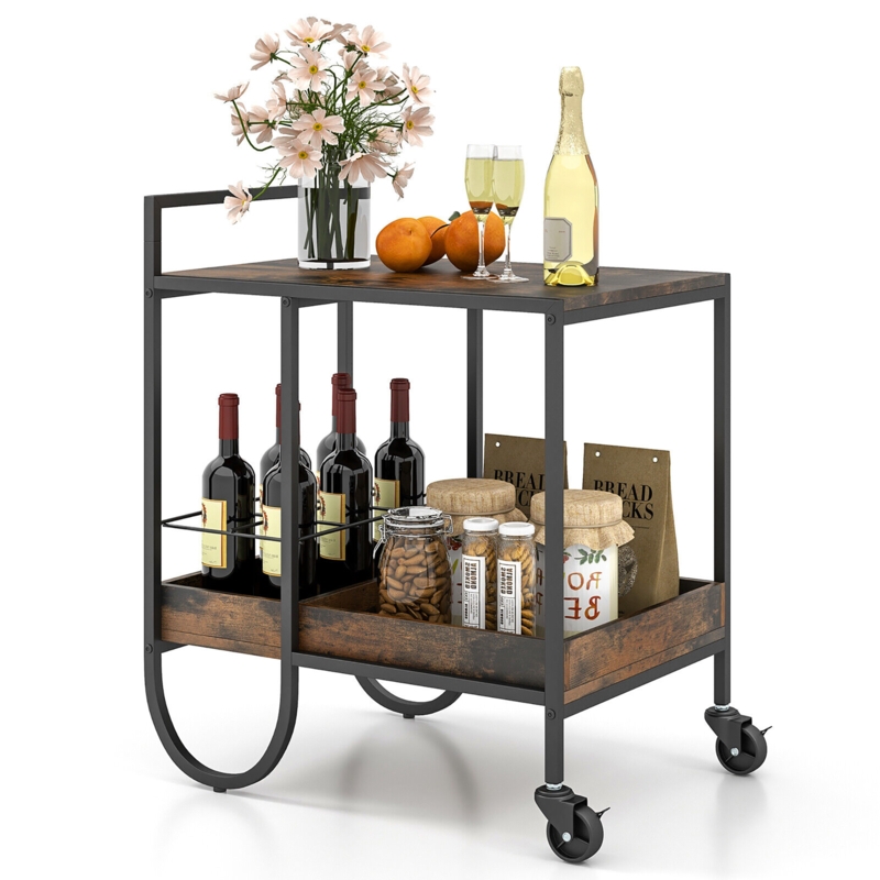 Industrial Bar Cart With Wine Rack, Stemware Holder, Piping Frame