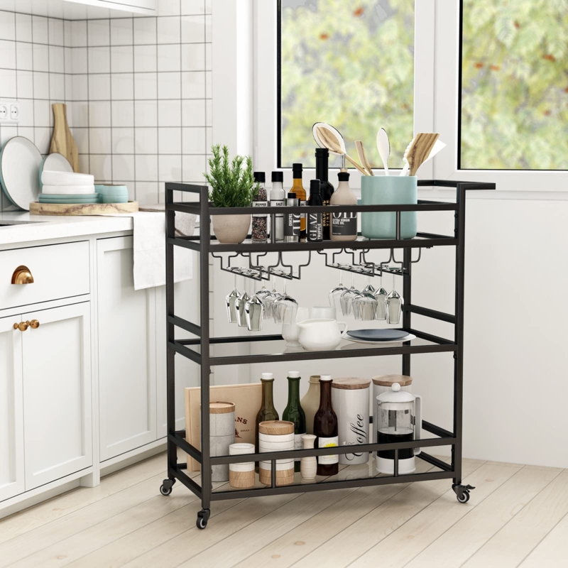 Industrial Black Bar Cart 3 Tier Glass With Wine Rack
