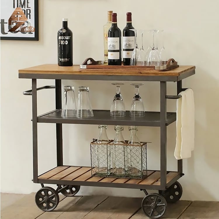 Industrial Black Bar Cart With Circular Frame Accents, Two Shelves