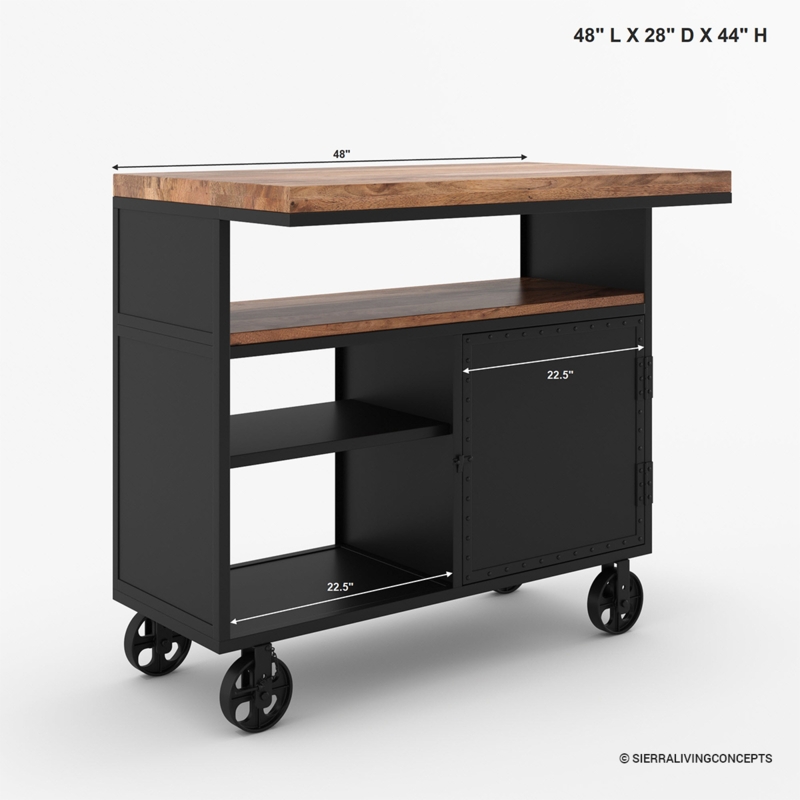 Industrial Black Kitchen Island with Oversized Heavy-Duty Casters