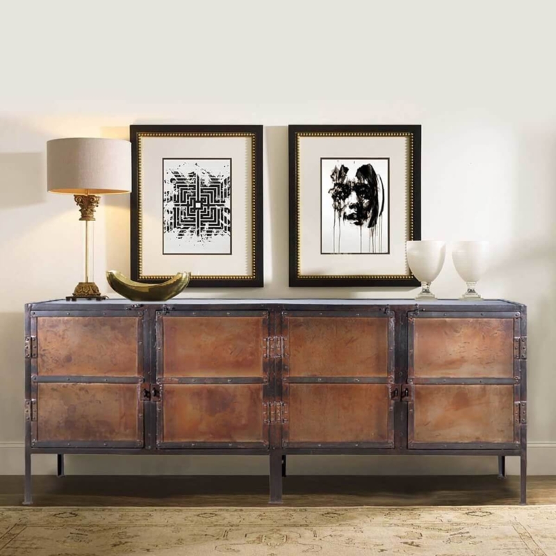 Industrial Buffet Cabinet with Black Iron Frame and Rivets