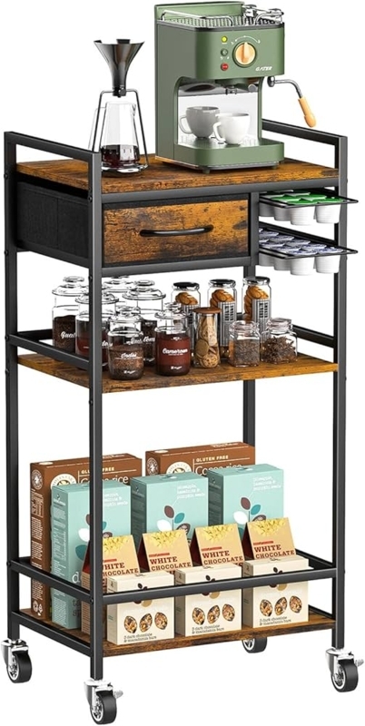Industrial Coffee Bar Cart, Four Tiers with Pod Storage Drawers