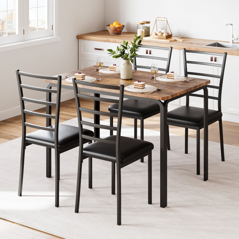 Industrial Dining Set 5-Piece Retro Brown Wood Toned Metal Frame