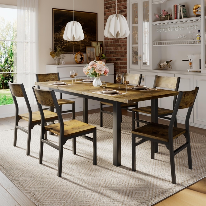 Industrial Dining Set 7-Piece, Dark Wood Gray Upholstered Ladder Back