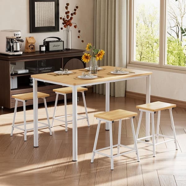 Industrial Dining Set Backless Stools Light Oak Finish