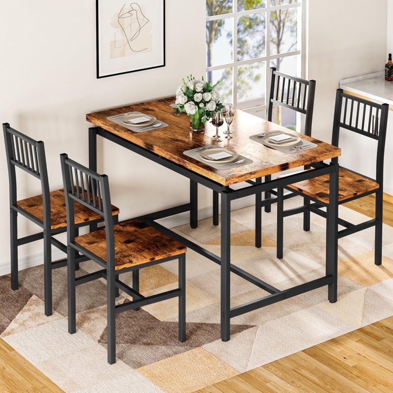Industrial Dining Set, Rustic Brown Wood & Black Metal, 4 Chairs