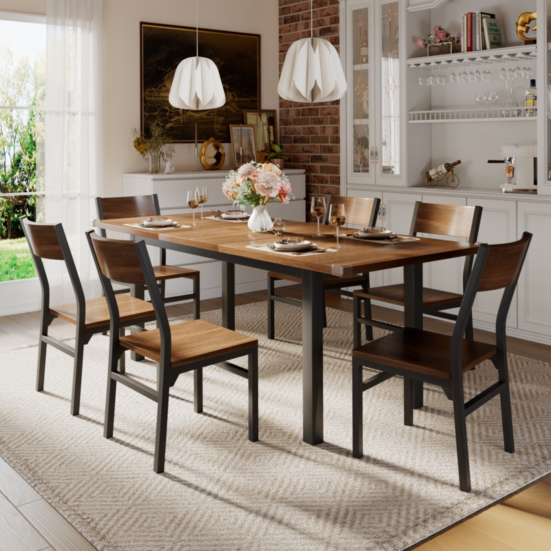 Industrial Dining Set with Extendable Table, 7 Piece, Metal Legs