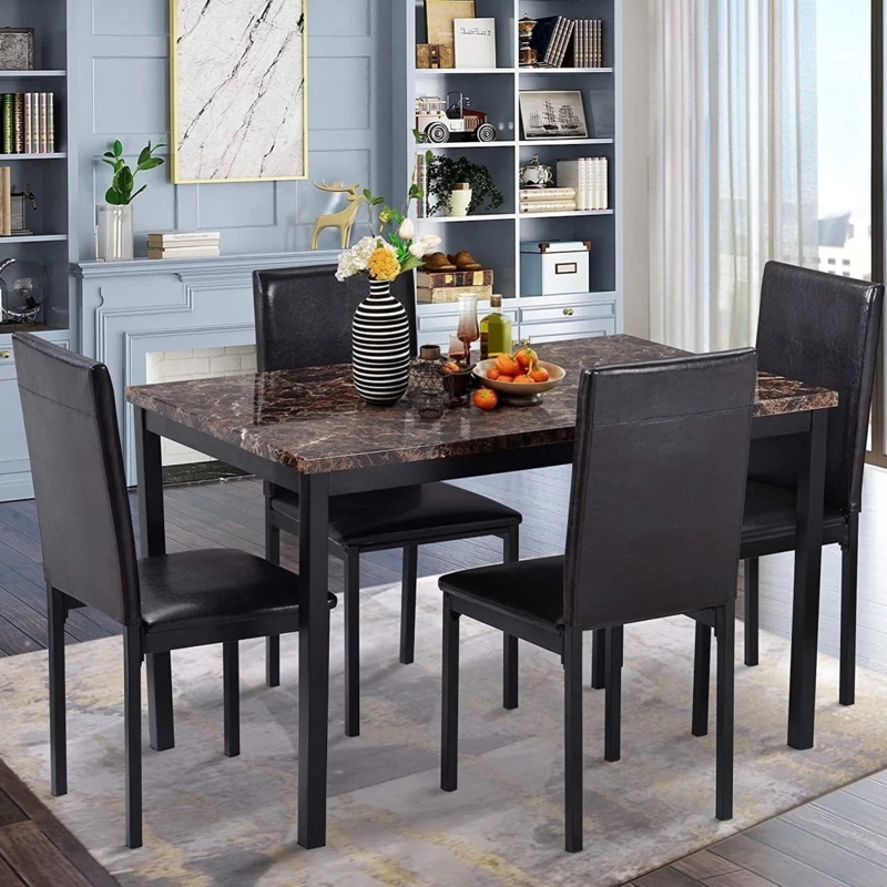 Industrial Dining Set with Faux Marble Top and Tan Leather-Like Chairs