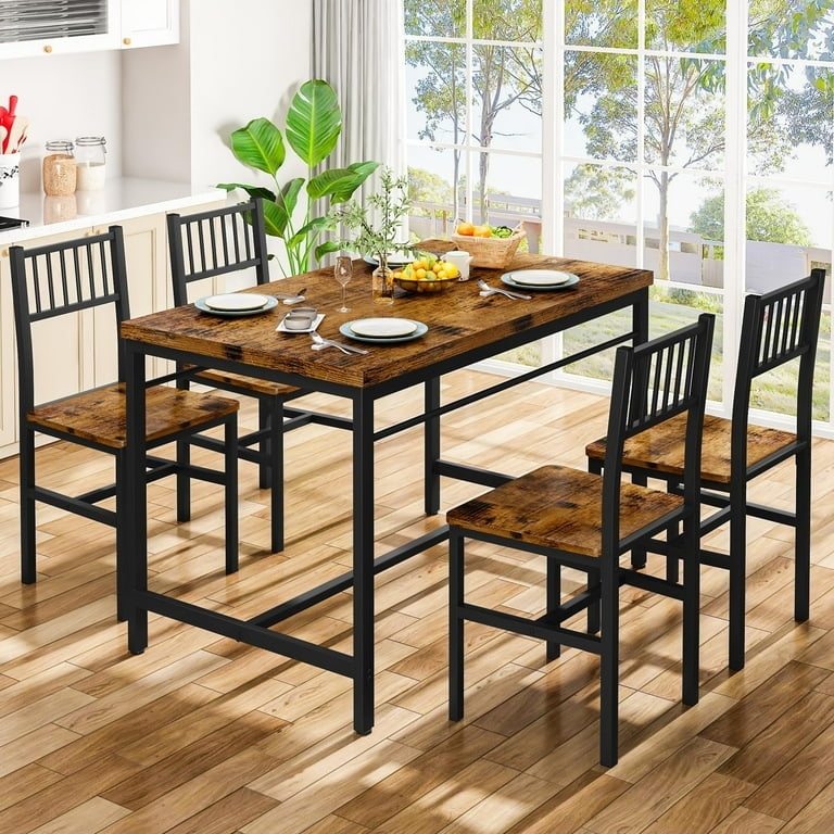 Industrial Dining Set with Metal Frames and Slat Back Chairs