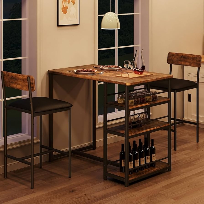 Industrial Dining Set with Storage, Rustic Brown Counter Height Table