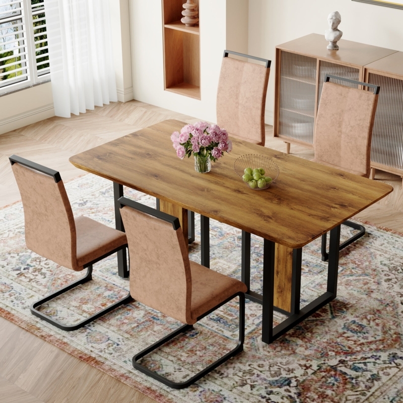 Industrial Dining Set, Wood Textured Table, C-Frame Base