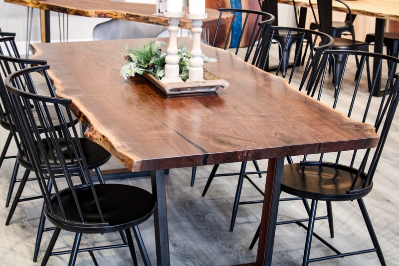 Industrial Dining Table Live Edge Slab with Metal Trestle and Bench