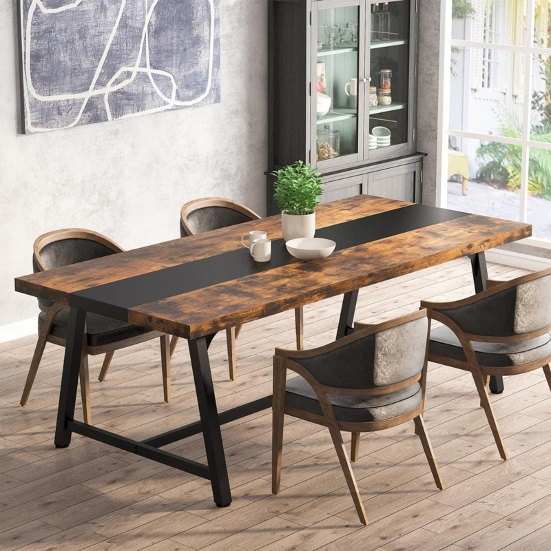 Industrial Dining Table Rustic Brown, Thick Top Black Metal Base