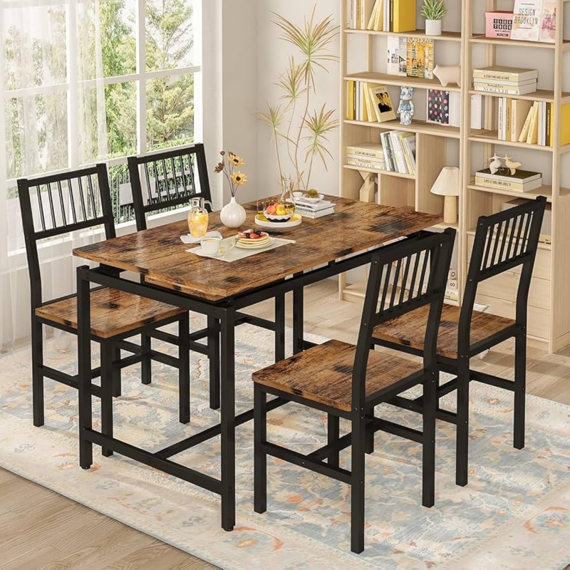 Industrial Dining Table Set with Slim Metal Legs for Small Spaces