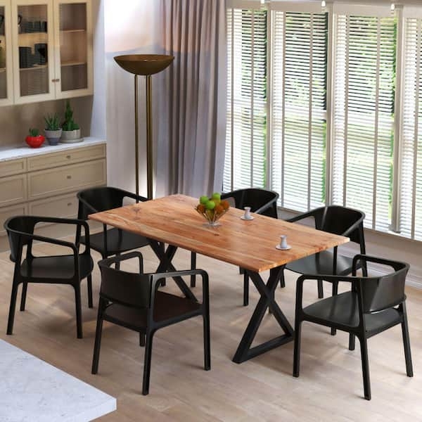 Industrial Dining Table, Thick Acacia Top with X-Frame Metal Base