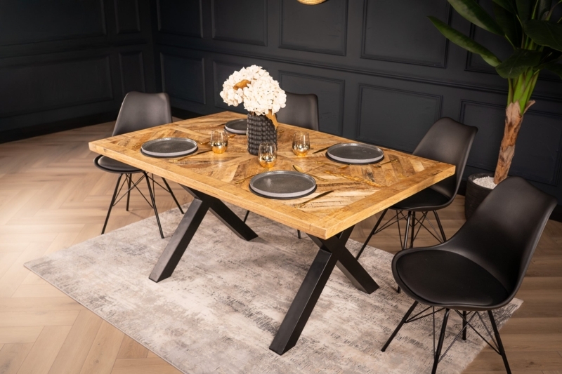 Industrial Dining Table with X-Frame Legs, Chunky Plank Wood Top