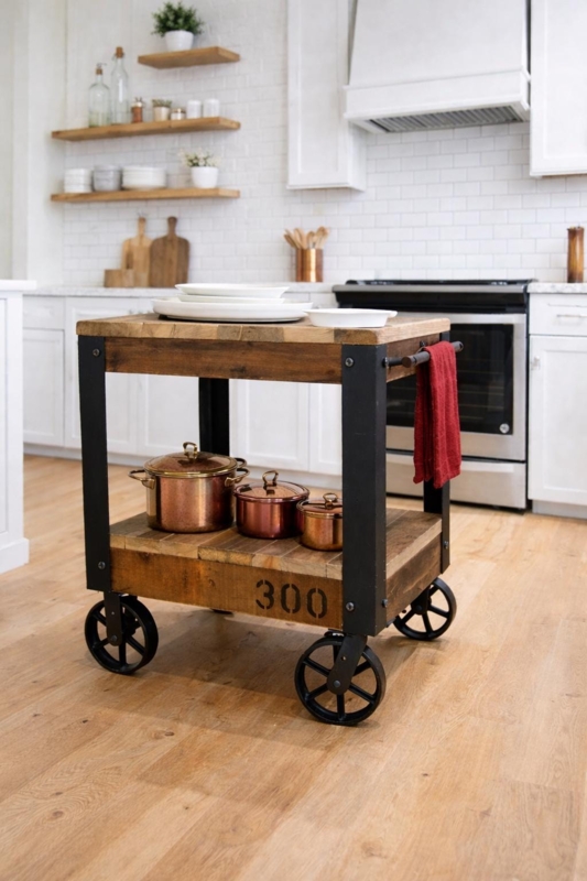 Industrial Factory Cart Island, Large Spoke Wheels, Rustic Wood Top.