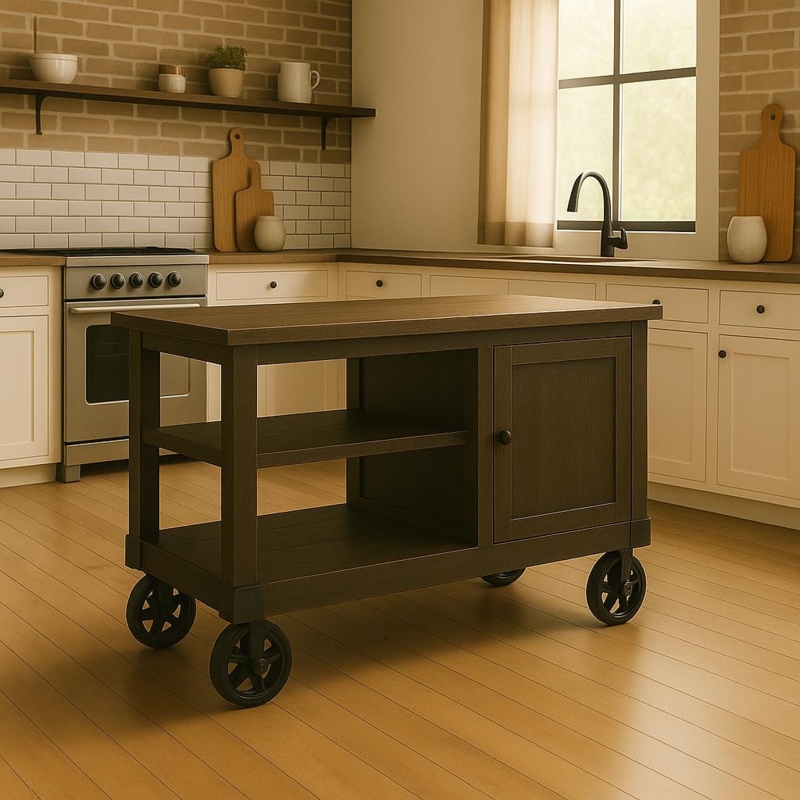 Industrial Factory Cart Kitchen Island with Cast Iron Wheels