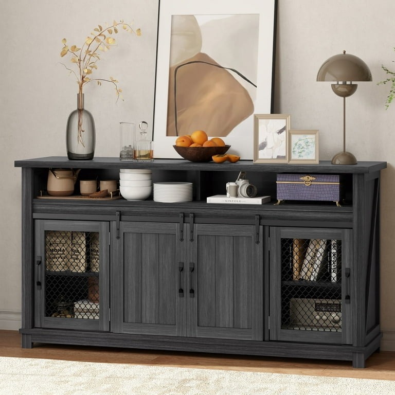 Industrial Farmhouse Sideboard with Mesh Panels and Barn Doors