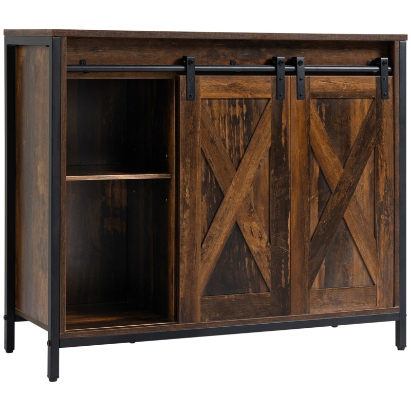 Industrial Farmhouse Sideboard with Sliding Barn Doors, Exposed Tracks
