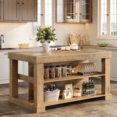 Industrial Farmhouse Utility Cart With Wood Shelves And Side Hooks