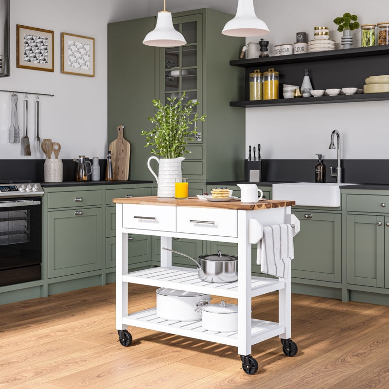 Industrial Kitchen Cart, Gray Wire Shelving & Wood Top