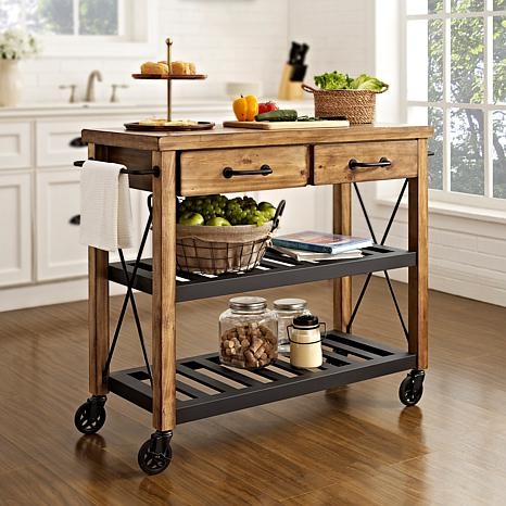 Industrial Kitchen Cart, Mesh Drawers, Stone-Look Top, Slatted Shelves.