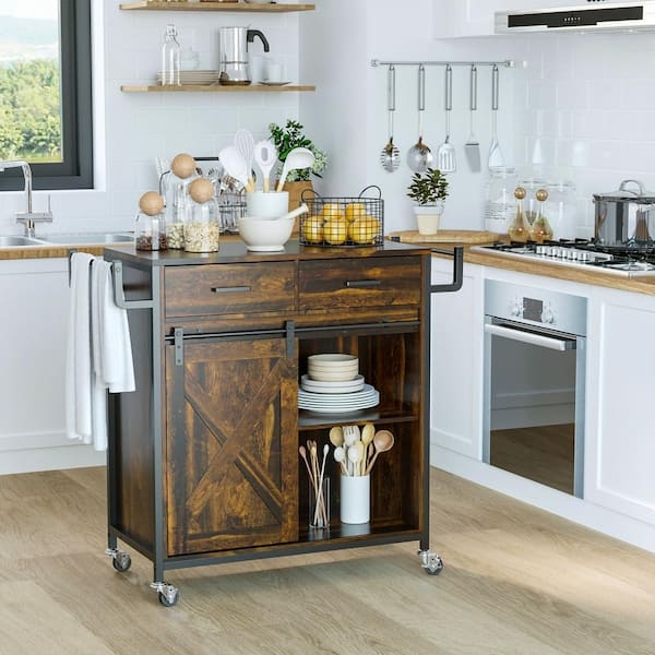 Industrial Kitchen Cart with Three-Tier Open Shelving and Metal Frame