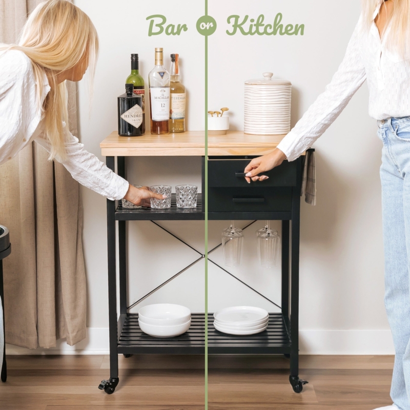 Industrial Kitchen Cart with Wire Mesh Doors and Butcher Block Top