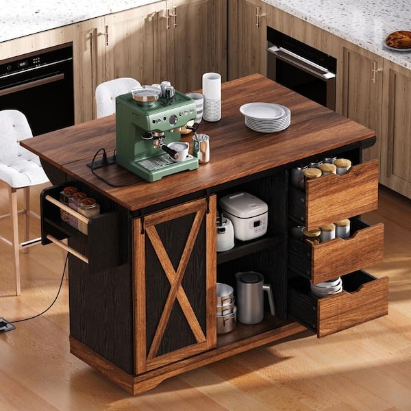 Industrial Kitchen Island Cart Black Barn Doors Power Outlet
