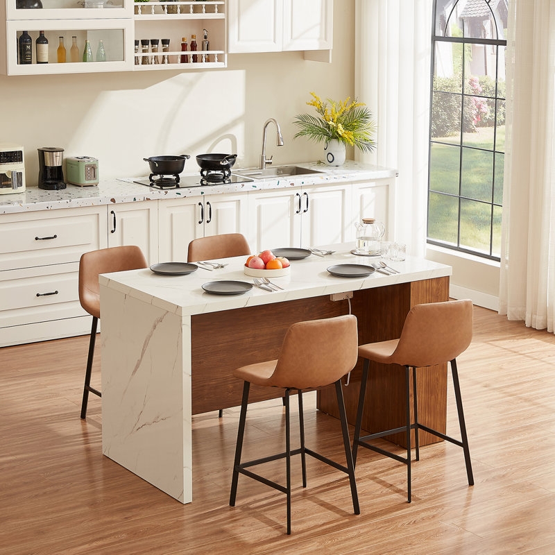 Industrial Kitchen Island Cart with Imitation Marble Top and Mesh Panels