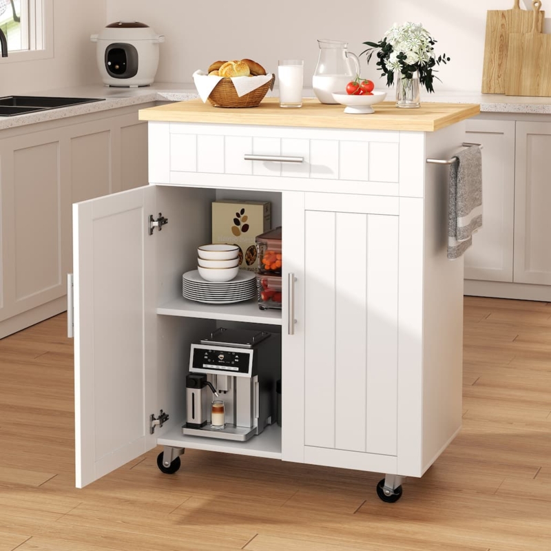 Industrial Kitchen Island Cart with Mesh Door Fronts and Spice Rack